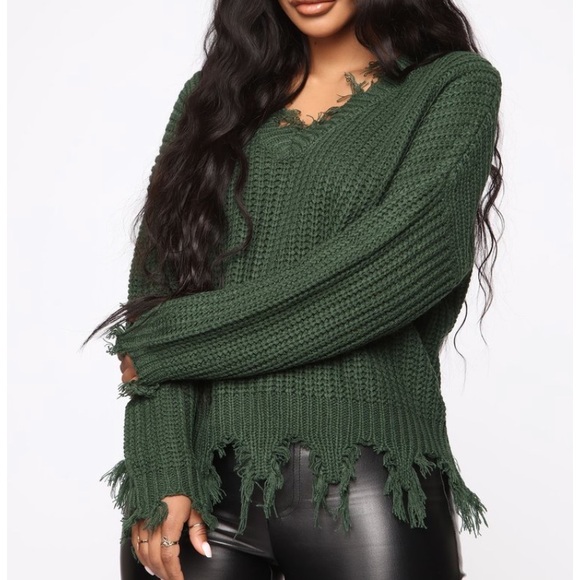 NWOT. Green Distressed Sweater. - Picture 2 of 4